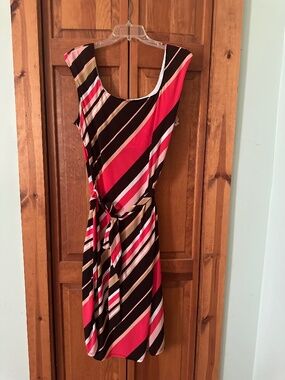 Colorful bias striped midi shift dress with belted waist